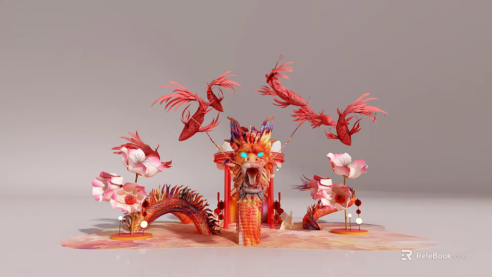 Traditional Chinese Photo Check-in Spot With Red Dragon Red Birds And Pink Lotus Flowers 3d model 