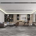 Modern Spacious Office Interior Design With Sofa Bookshelves Desk And Windows 3d model