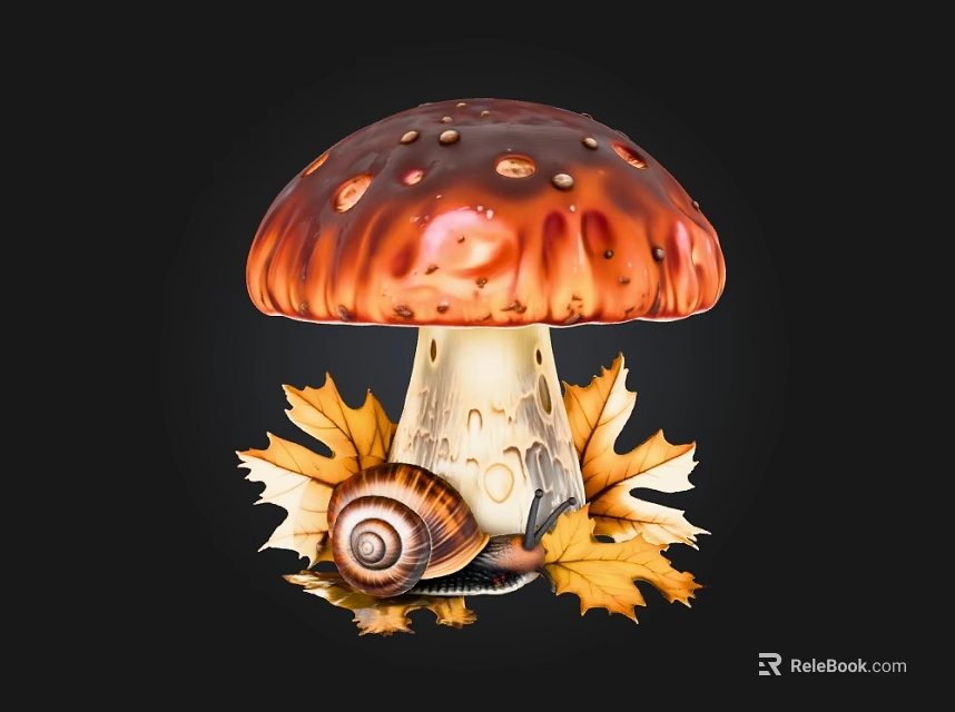 Decorative Red Brown Spotted Mushroom With Snail On Yellow Maple Leaves 3d model 