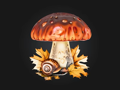 Decorative Red Brown Spotted Mushroom With Snail On Yellow Maple Leaves 3d model