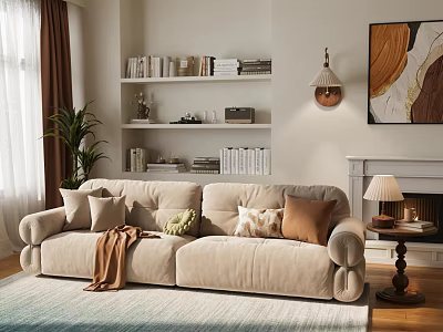 Cozy Beige Sofa Set Interior With Multiple Cushions Bookshelf Fireplace Table Lamp And Rug Plant 3d model