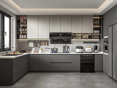 Modern Open Kitchen Interior With Gray Cabinets Island Counter And Appliances 3d model