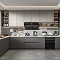 Modern Open Kitchen Interior With Gray Cabinets Island Counter And Appliances