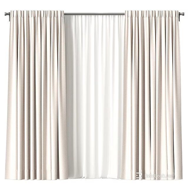 Elegant Beige Double Layer Curtains With Soft Fabric For Home Window Decor 3d model 