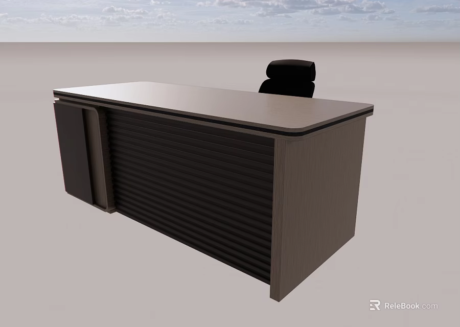 Modern Dark Brown Office Desk With Roller Shutter Cabinet and Black Office Chair Setup 3d model 