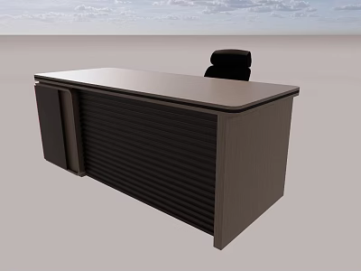 Modern Dark Brown Office Desk With Roller Shutter Cabinet and Black Office Chair Setup 3d model