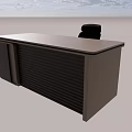 Modern Dark Brown Office Desk With Roller Shutter Cabinet and Black Office Chair Setup