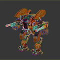 Orange Armored Battle Mech Warrior With Mechanical Arms And Twin Cannons