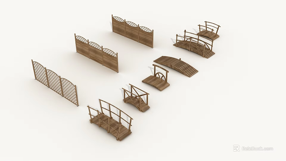 Various Wooden Bridge And Fence Models With Different Design Styles 3d model