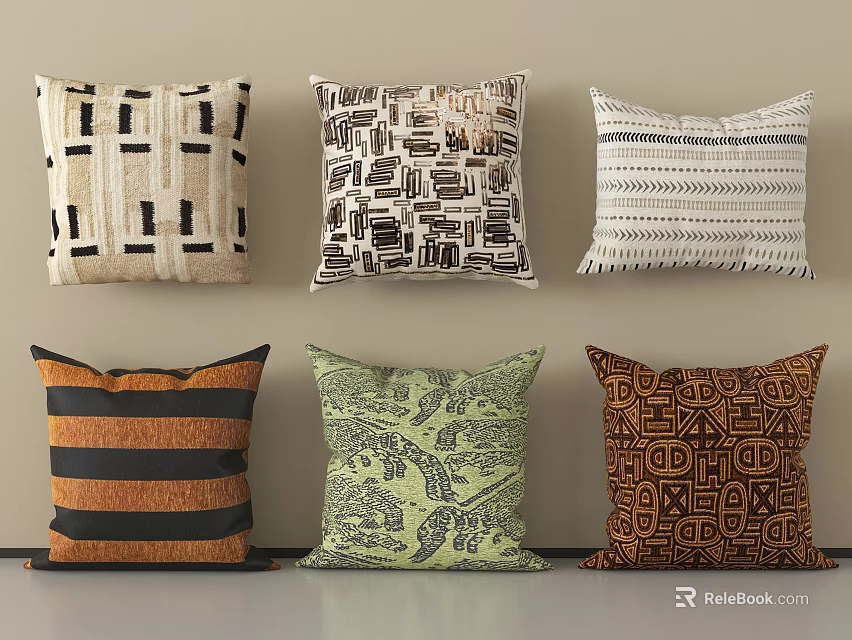 Decorative Throw Pillows With Various Geometric Striped Abstract Leaf Patterns And Fringe Details 3d model