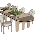 Cute Wooden Table And Chair Set With Mushroom Shaped Decor And Green Plants