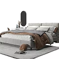 Modern Gray Double Bed With White Brown Bedding Round Mirror And Pendant Light 3d model