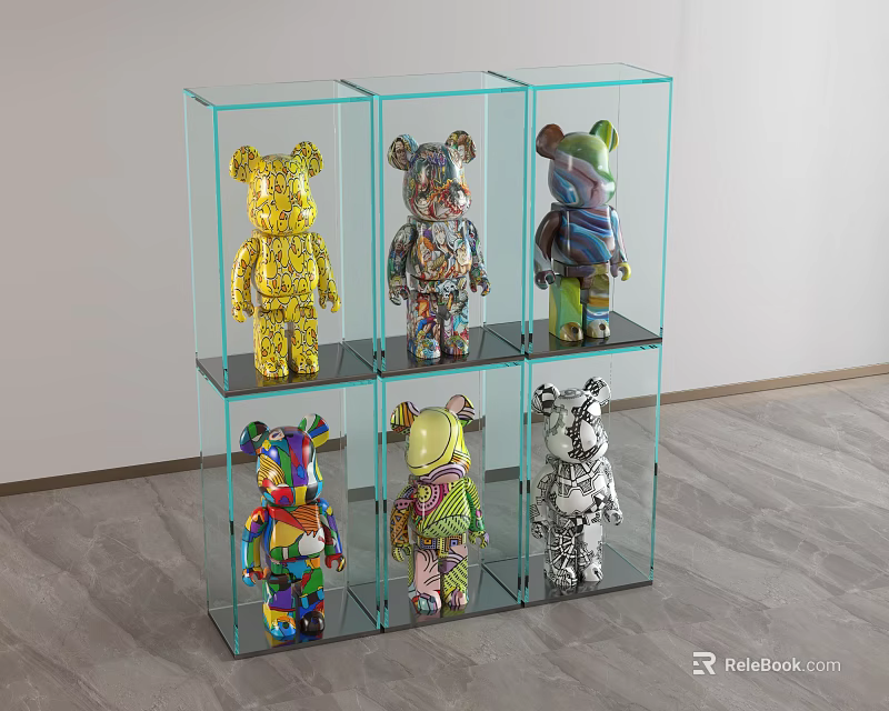 Colorful Bear Sculptures Displayed In Glass Cabinets With Multiple Shelves 3d model 