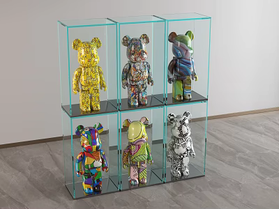 Colorful Bear Sculptures Displayed In Glass Cabinets With Multiple Shelves 3d model