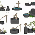 Decorative Stone And Wooden Water Features With Basins Fountains And Green Plants