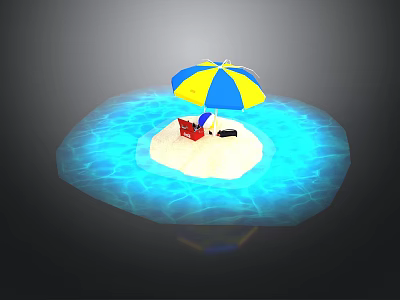 Small Beach Area With Yellow Blue Umbrella Red Chair And Water 3d model