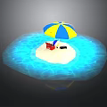 Small Beach Area With Yellow Blue Umbrella Red Chair And Water