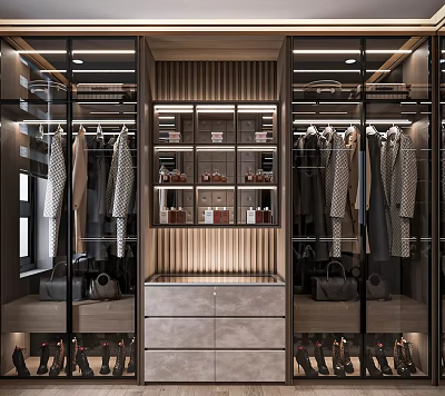 Modern Walk in Closet Interior With Glass Doors Built in Shelves and LED Lighting 3d model