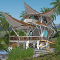 Tropical Villa With Layered Pagoda Roof Palm Trees Pool And Scenic Mountain Views