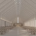Bright Spacious Minimalist Banquet Hall With High Gable Ceiling And Neatly Arranged Light Wooden Seats