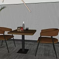 Modern Wooden Desk with Brown Chairs Glasses Small Box Striped Wall and Gray Carpet