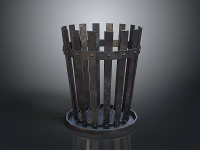 Plant in Dark Gray Cylindrical Metal Planter with Vertical Strips and Round Base 3d model