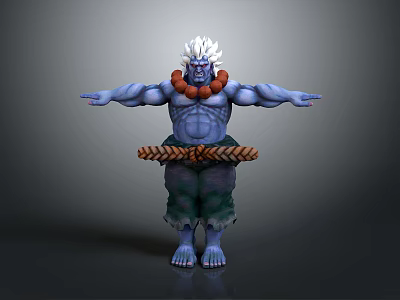 Muscular Blue Skinned Character with White Hair Red Necklace Braided Belt Green Pants Outstretched Arms 3d model