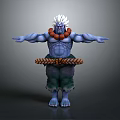 Muscular Blue Skinned Character with White Hair Red Necklace Braided Belt Green Pants Outstretched Arms
