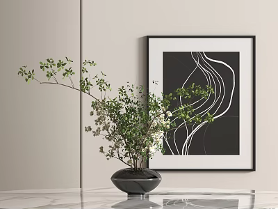 Bonsai Potted Plant in Black Pot with Decorative Painting Light Colored Wall and Marble Countertop 3d model