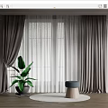 Gray Curtains With Sheer Voile For Window In Modern Interior With Potted Plant And Stool