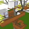 Wooden Tree House Structure With Multiple Platforms Stairs Rooms Surrounded By Green Grass And Leaves