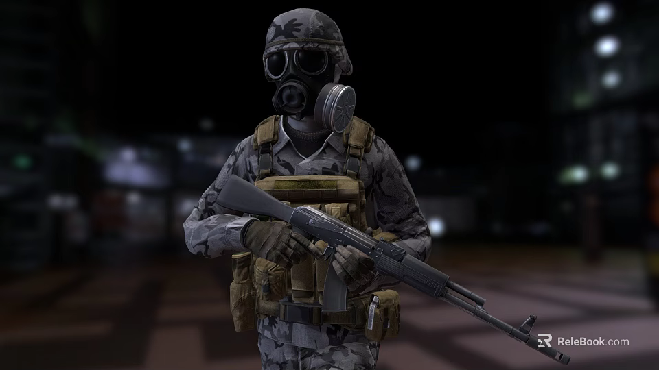 A Man Wearing Camouflage Uniform Gas Mask And Helmet Holding Rifle In Night Setting 3d model 
