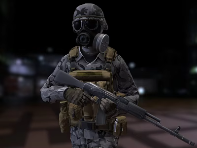 A Man Wearing Camouflage Uniform Gas Mask And Helmet Holding Rifle In Night Setting 3d model