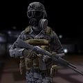 A Man Wearing Camouflage Uniform Gas Mask And Helmet Holding Rifle In Night Setting