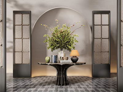 Modern Elegant Console Table Interior With Green Plant Lamp Books And Arched Doorway 3d model