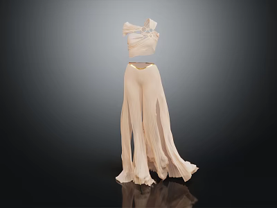 Elegant Beige Women's Two Piece Outfit With One Shoulder Top And Pleated Wide Leg Pants 3d model