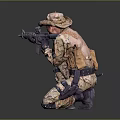 Man In Camouflage Uniform Crouching In Tactical Position Holding Rifle