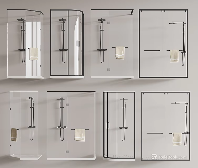 Contemporary Shower Systems with Various Designs Including Handheld and Fixed Heads in Glass Enclosures 3d model 