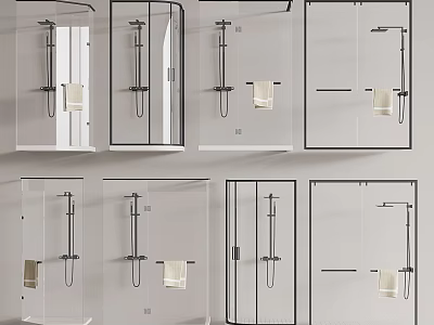 Contemporary Shower Systems with Various Designs Including Handheld and Fixed Heads in Glass Enclosures 3d model