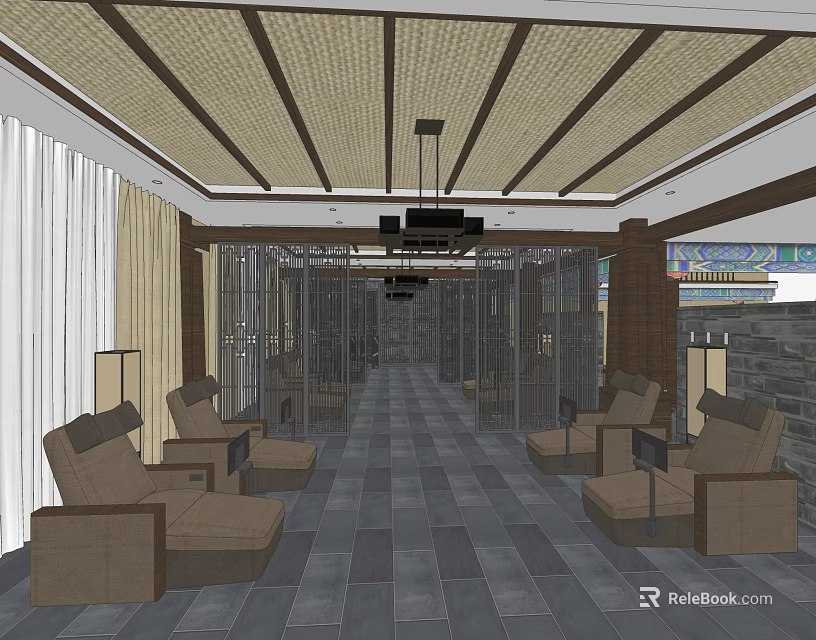 SPA Sauna Interior With Wooden Ceiling Gray Stone Flooring And Brown Lounge Chairs 3d model 