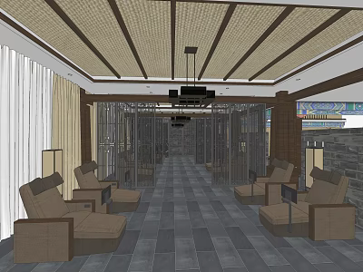 SPA Sauna Interior With Wooden Ceiling Gray Stone Flooring And Brown Lounge Chairs 3d model