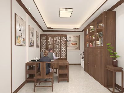 Traditional Chinese Interior With Wooden Furniture People Sitting At Desk Paintings Bookshelves And Plants 3d model