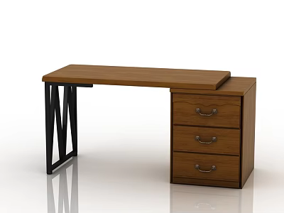 Wooden Desk With Black Metal Frame And Three Drawer Cabinet With Metal Handles 3d model