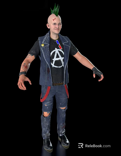 Man Wearing Denim Vest with Anarchy Symbol Black T-Shirt Ripped Jeans Red Suspenders 3d model 