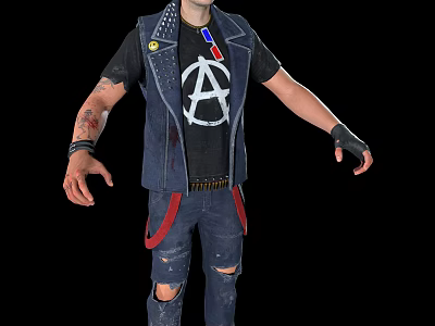 Man Wearing Denim Vest with Anarchy Symbol Black T-Shirt Ripped Jeans Red Suspenders 3d model