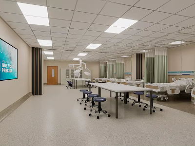 Hospital Outpatient Clinic Interior With Beds Tables Stools And Curtains 3d model