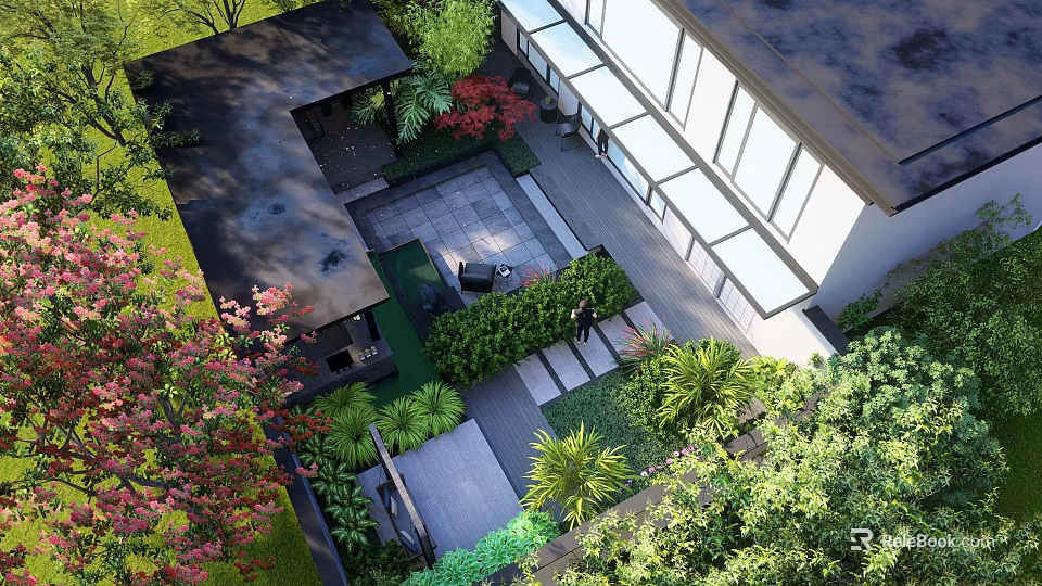 Modern Courtyard Garden Design With Lush Greenery Stone Path And Seating Area 3d model 