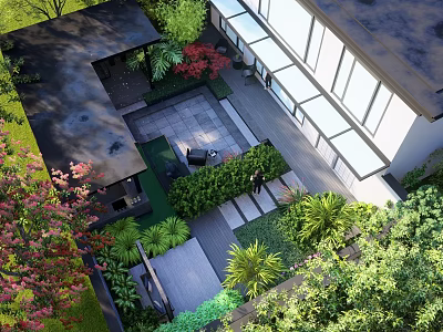Modern Courtyard Garden Design With Lush Greenery Stone Path And Seating Area 3d model