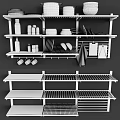 Stainless Steel Kitchenware Storage Rack With Plates Cups Pans And Cutting Boards 3d model