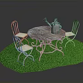Outdoor Furniture Set With Round Table Four Chairs And Watering Can On Green Lawn